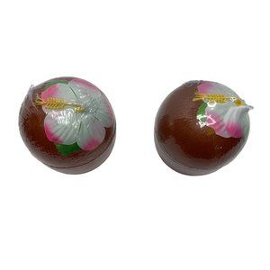 New Coconut Shaped Hard Plastic Brown Straw Hole Set of 2 with Lid